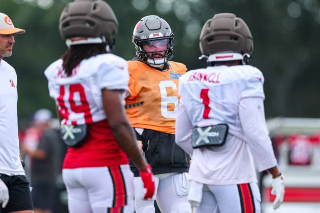August 6, 2026: Tampa Bay Buccaneers quarterback Baker Mayfield (6) during training camp at AdventHeath Training Center in Tampa, FL. Taylor McFee CSM Tampa USA - ZUMAc04_ 20260806_zma_c04_029 Copyright: xTaylorxMcfeex