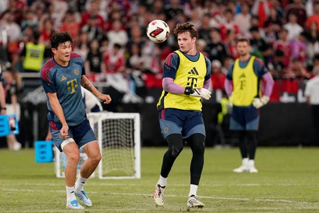 HONGKONG-SOCCER FOOTBALL-FEST Kim Min-Jae, Jonas Urbig of FC Bayern Munich during open training at Kai Tan Stadium during the Audi Football Summit 2026 in Hong Kong, August 6, 2026. NEXPHER Vernon Yuen HONG KONG