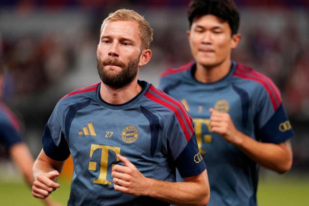 HONGKONG-SOCCER FOOTBALL-FEST Konrad Laimer, Kim Min-Jae of FC Bayern Munich during open training at Kai Tan Stadium during the Audi Football Summit 2026 in Hong Kong, August 6, 2026. NEXPHER Vernon Yuen HONG KONG