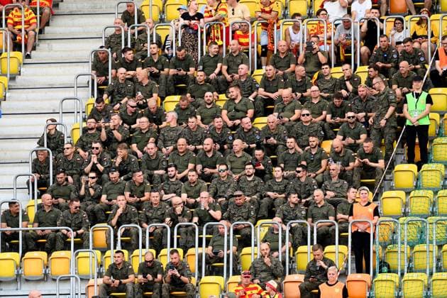 Members of the Armed Forces seen in the stands. Jagiellonia Bialystok v Rangers, UEFA Europa League, 3rd Qualifying Round, Football, Chorten Arena, Biaystok, Poland - 06 Aug 2026Bialystok Chorten Arena Scotland Portugal  Copyright: xAdamxNurkiewicz Shutterstockx 17050170k