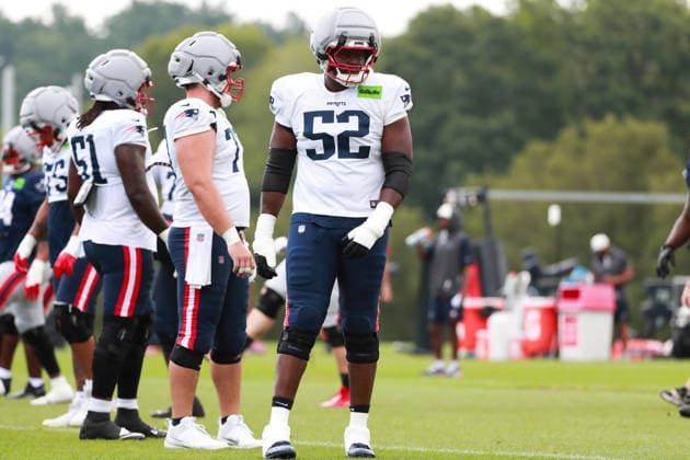 FOXBOROUGH, MA - AUGUST 06: Marcus Bryant 52 of the New England Patriots on the field during New England Patriots training camp on August 6, 2026 at Gillette Stadium in Foxborough, Massachusetts. (Photo by Summer Lamont Icon Sportswire) NFL, American Football Herren, USA AUG 06 Patriots Training Camp EDITORIAL USE ONLY Icon260806012
