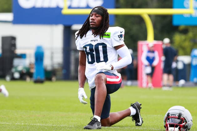 FOXBOROUGH, MA - AUGUST 06: Jeremiah Franklin 80 of the New England Patriots stretches during New England Patriots training camp on August 6, 2026 at Gillette Stadium in Foxborough, Massachusetts. (Photo by Summer Lamont Icon Sportswire) NFL, American Football Herren, USA AUG 06 Patriots Training Camp EDITORIAL USE ONLY Icon260806015