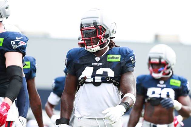 FOXBOROUGH, MA - AUGUST 06: Jesse Luketa 42 of the New England Patriots on the field during New England Patriots training camp on August 6, 2026 at Gillette Stadium in Foxborough, Massachusetts. (Photo by Summer Lamont Icon Sportswire) NFL, American Football Herren, USA AUG 06 Patriots Training Camp EDITORIAL USE ONLY Icon260806018