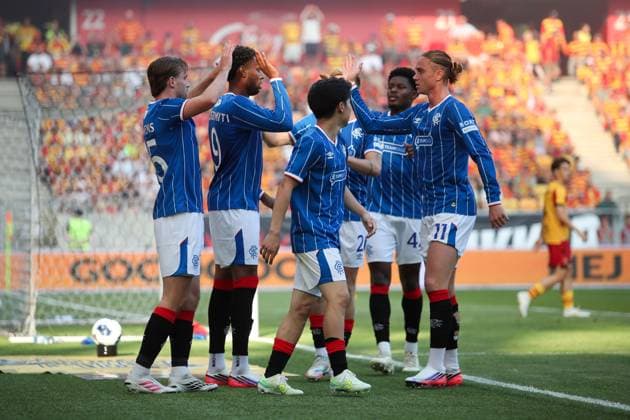 Chermiti of Rangers celebrates a goal with teammates after Guilherme Montoia of Jagiellonia Bialystok scores an own goal to give Rangers their first goal of the match Jagiellonia Bialystok v Rangers, UEFA Europa League Third Qualifying Round First Leg, Football, Chorten Arena, Bialystok, Poland, 06 08 2026 - 06 Aug 2026Bialystok Chorten Arena Poland  Copyright: xHanc WiredxPhotos Shutterstockx 17051261j