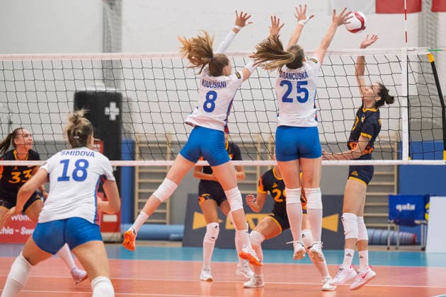Czech volleyball players in action during the women s volleyball friendly match between Czech Republic and Romania prior to Women s European Volleyball Championship 2026, on August 6, 2026, in Tabor, Czech Republic. (CTKxPhoto VaclavxPancer) CTKPhotoP2026080606010  CTKPhotoP2026080606010