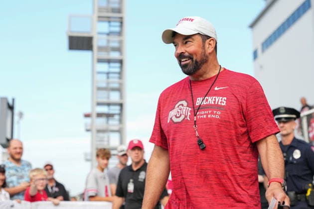 COLUMBUS, OH - AUGUST 06: Ryan Day Head Coach of the Ohio State Buckeyes looks on during fall camp held at the Woody Hayes Athletic Center on August 6, 2026 in Columbus, Ohio (Photo by Jason Mowry Icon Sportswire) COLLEGE FOOTBALL: AUG 06 Ohio State Fall Camp EDITORIAL USE ONLY Icon260806001