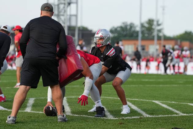 COLUMBUS, OH - AUGUST 06: Julian Sayin 10 of the Ohio State Buckeyes seen in action during fall camp held at the Woody Hayes Athletic Center on August 6, 2026 in Columbus, Ohio (Photo by Jason Mowry Icon Sportswire) COLLEGE FOOTBALL: AUG 06 Ohio State Fall Camp EDITORIAL USE ONLY Icon260806004