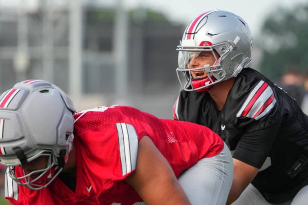 COLUMBUS, OH - AUGUST 06: Julian Sayin 10 of the Ohio State Buckeyes seen in action during fall camp held at the Woody Hayes Athletic Center on August 6, 2026 in Columbus, Ohio (Photo by Jason Mowry Icon Sportswire) COLLEGE FOOTBALL: AUG 06 Ohio State Fall Camp EDITORIAL USE ONLY Icon260806005