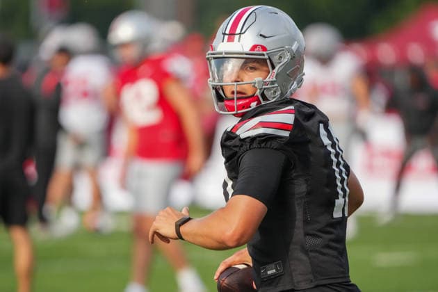 COLUMBUS, OH - AUGUST 06: Julian Sayin 10 of the Ohio State Buckeyes seen in action during fall camp held at the Woody Hayes Athletic Center on August 6, 2026 in Columbus, Ohio (Photo by Jason Mowry Icon Sportswire) COLLEGE FOOTBALL: AUG 06 Ohio State Fall Camp EDITORIAL USE ONLY Icon260806012