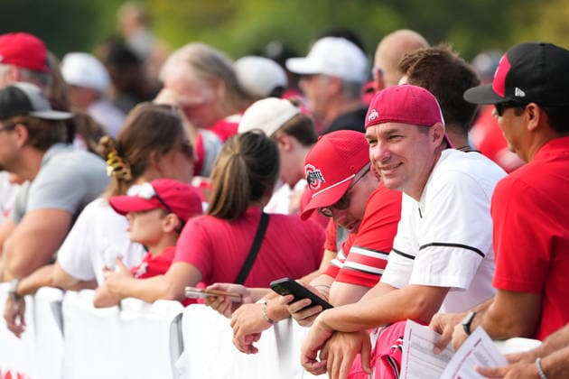 COLUMBUS, OH - AUGUST 06: Ohio State Buckeyes fans look on during fall camp held at the Woody Hayes Athletic Center on August 6, 2026 in Columbus, Ohio (Photo by Jason Mowry Icon Sportswire) COLLEGE FOOTBALL: AUG 06 Ohio State Fall Camp EDITORIAL USE ONLY Icon260806018