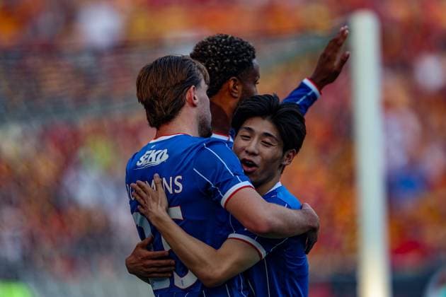 August 6, 2026, Bialystok, Poland: Tuur Rommens of Rangers FC (L) and Lawrence Shankland of Rangers FC (R) celebrate after scoring a goal during the UEFA Europa League 2026 2027 match between Jagiellonia Bialystok and Rangers FC at Chorten Arena (Bialystok)..UEFA Europa League 2026 2027 match between Jagiellonia Bialystok and Rangers FC Bialystok Poland - ZUMAs197 20260806_aaa_s197_018 Copyright: xGrzegorzxWajdax