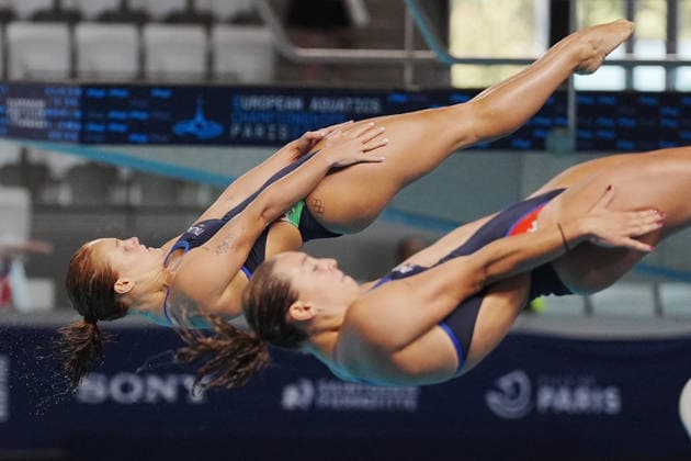 Women s Synchronised 3m Springboard, Chiara PELLACANI, Elisa PIZZINI from Italy, gold medal at the European Aquatics Championships Paris 2026, Paris, August 06, 2026 .  Copyright: xGianxMattiaxD Alberto LaPressex