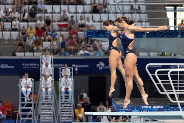 Women 3m Springboard synchronized Final European Aquatics Championships - Saint-Denis Italy s diver Chiara Pellacani and Italy s diver Elisa Pizzini compete in the women s 3m springboard synchronized diving final event during the LEN European Aquatics Championships, at the Olympic Aquatics Centre in Saint-Denis, northeastern suburbs of Paris on August 6, 2026. Photo by Raphael Lafargue ABACAPRESS.COM Saint-Denis France  Copyright: xLafarguexRaphael ABACAx