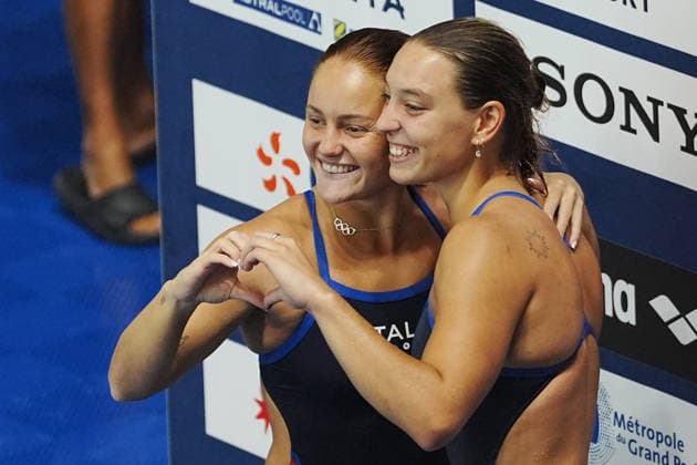 Women s Synchronised 3m Springboard, Chiara PELLACANI, Elisa PIZZINI from Italy, gold medal at the European Aquatics Championships Paris 2026, Paris, August 06, 2026 .  Copyright: xGianxMattiaxD Alberto LaPressex