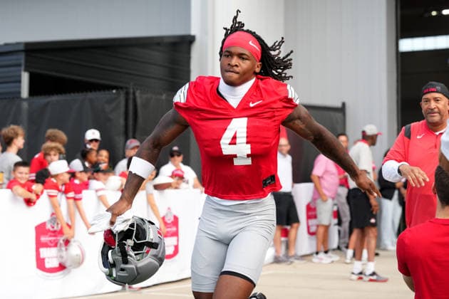 COLUMBUS, OH - AUGUST 06: Jeremiah Smith 4 of the Ohio State Buckeyes seen in action during fall camp held at the Woody Hayes Athletic Center on August 6, 2026 in Columbus, Ohio (Photo by Jason Mowry Icon Sportswire) COLLEGE FOOTBALL: AUG 06 Ohio State Fall Camp EDITORIAL USE ONLY Icon260806019