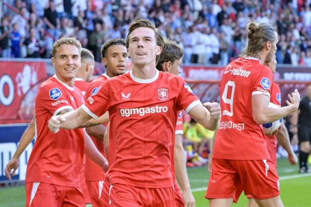 ENSCHEDE , 06Ã08-2026 , Stadium Grolsch Veste , season 2026 2027 , UEFA Europa League play-off football , match between FC Twente and FC DAC 1904 , picture shows FC Twente player Daan Rots scores the 1-0 and celebrates Twente - DAC 1904  x205489005x Copyright: