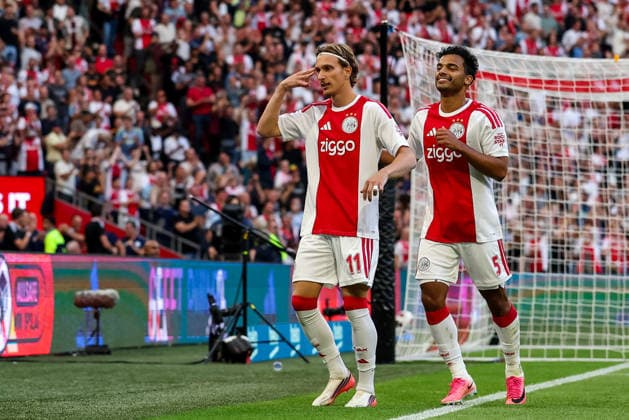 AMSTERDAM, NETHERLANDS - AUGUST 6: Mika Godts of AFC Ajax and Owen Wijndal of AFC Ajax celebrate their team s first goal during the UEFA Conference League 2026 27 third qualifying round first leg match between AFC Ajax and Shelbourne FC at the Johan Cruijff Arena on August 6, 2026 in Amsterdam, Netherlands.  Copyright: xRenexNijhuis MBxMediax