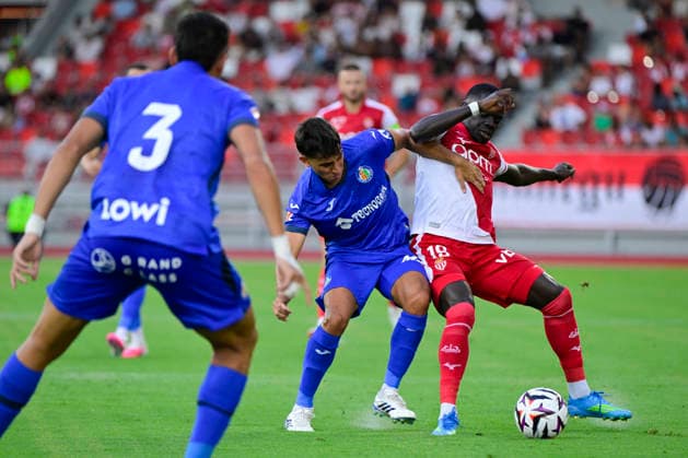 FOOTBALL : AS Monaco VS Getafe CF - 06 08 2026 Ramon Terrats (Getafe CF) Pape Cabral (ASM) - Pre-season friendly between AS Monaco and Getafe CF on August 6, 2026 at the Louis II Stadium in Monaco. MonacoMonaco  Copyright: xWilliamxCannarellax