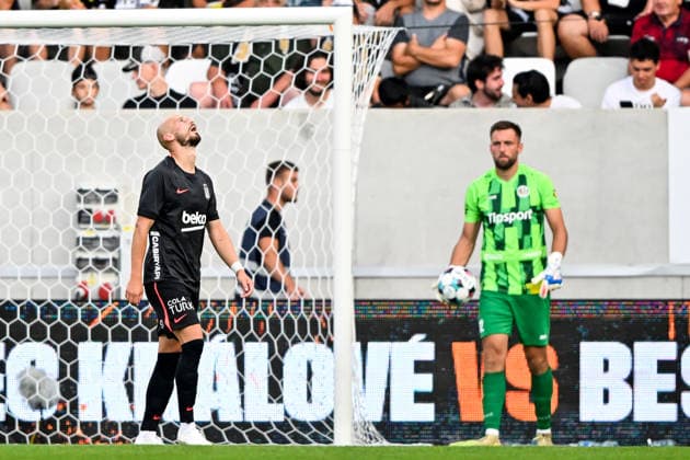 Vaclav Cerny of Besiktas, left, reacts during the Football European League 3rd qualifying round, 1st leg match FC Hradec Kralove vs Besiktas Istanbul on August 6, 2026, in Hradec Kralove, Czech Republic. (CTKxPhoto DavidxTanecek) CTKPhotoP2026080606842  CTKPhotoP2026080606842