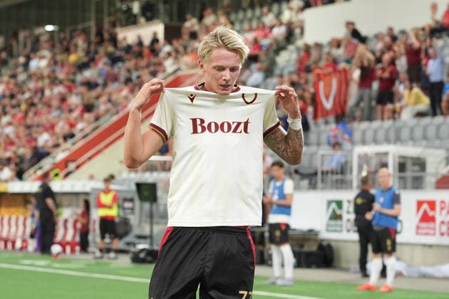 Thun, Switzerland - August 06: Stigur Thordarson (77 Vikingur R.) celebrates after his goal, no goal after VAR during the UEFA Europa League Qualification match between FC Thun and Vikingur Reykjavik at VISANA Stadion on August 06, 2026 in Thun, Switzerland.  Copyright: xKjetilxWaberx xSPPx Sportspressphoto_SPR201537