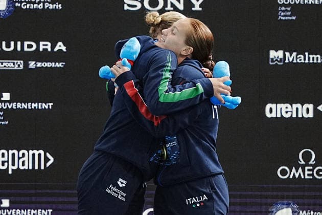 Women s Synchronised 3m Springboard, Chiara PELLACANI, Elisa PIZZINI from Italy, gold medal at the European Aquatics Championships Paris 2026, Paris, August 06, 2026 .  Copyright: xGianxMattiaxD Alberto LaPressex
