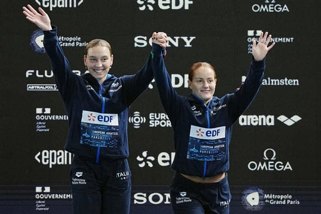 Women s Synchronised 3m Springboard, Chiara PELLACANI, Elisa PIZZINI from Italy, gold medal at the European Aquatics Championships Paris 2026, Paris, August 06, 2026 .  Copyright: xGianxMattiaxD Alberto LaPressex