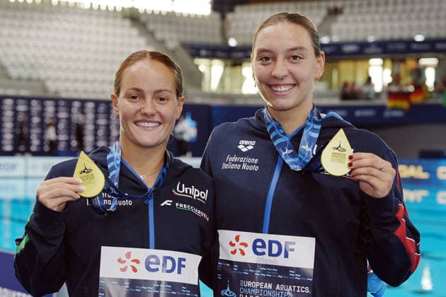 Women s Synchronised 3m Springboard, Chiara PELLACANI, Elisa PIZZINI from Italy, gold medal at the European Aquatics Championships Paris 2026, Paris, August 06, 2026 .  Copyright: xGianxMattiaxD Alberto LaPressex