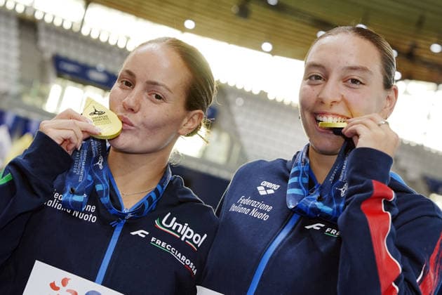 Women s Synchronised 3m Springboard, Chiara PELLACANI, Elisa PIZZINI from Italy, gold medal at the European Aquatics Championships Paris 2026, Paris, August 06, 2026 .  Copyright: xGianxMattiaxD Alberto LaPressex
