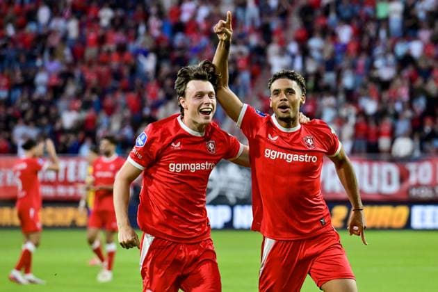 ENSCHEDE , 06Ã08-2026 , Stadium Grolsch Veste , season 2026 2027 , UEFA Europa League play-off football , match between FC Twente and FC DAC 1904 , picture shows FC Twente player Daouda Weidmann scores the 3-0 and celebrates Twente - DAC 1904  x205490233x Copyright: