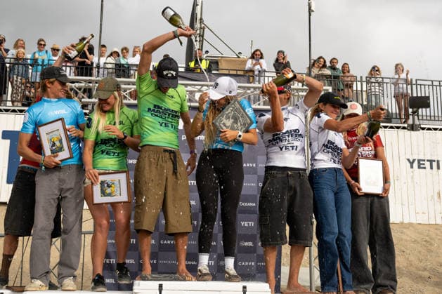 Surfing, Boardmasters 2026, World Surf League Champagne! Top four placed men™s and women™s competitors celebrate in the Yeti Pro QS4000 competition during the Boardmasters 2026 surfing championships at Fistral Beach, Newquay, UK on 6 August 2026. Newquay Fistral Beach Hampshire UK Editorial use only , Copyright: xStevexBaileyx PSI-24643-0103
