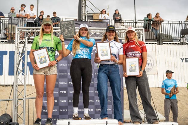 Surfing, Boardmasters 2026, World Surf League Janire Gonzalez Etxabarri (Basque Country), Nahia Milhau (France), Sol Borelli (Spain) and Clemence Shorsch (France) Tok top four places in the Yeti Pro QS4000 competition during the Boardmasters 2026 surfing championships at Fistral Beach, Newquay, UK on 6 August 2026. Newquay Fistral Beach Hampshire UK Editorial use only , Copyright: xStevexBaileyx PSI-24643-0111
