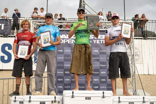 Surfing, Boardmasters 2026, World Surf League Sam Piter (France, Lukas Skinner (Great Britain), Hans Odriozola (Germany) and Sean Gunning (Spain) took the first four places in the Yeti Pro QS4000 shortboard competition during the Boardmasters 2026 surfing championships at Fistral Beach, Newquay, UK on 6 August 2026. Newquay Fistral Beach Hampshire UK Editorial use only , Copyright: xStevexBaileyx PSI-24643-0112
