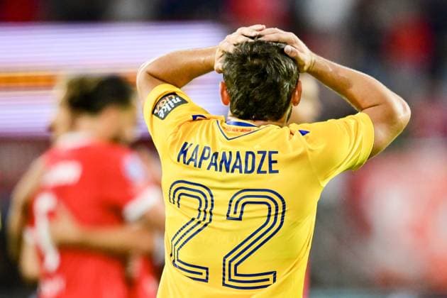 ENSCHEDE , 06Ã08-2026 , Stadium Grolsch Veste , season 2026 2027 , UEFA Europa League play-off football , match between FC Twente and FC DAC 1904 , picture shows DAC 1904 player Tsotne Kapanadze is dejected after scoring 5-0 by FC Twente player Ramiz Zerrouki Twente - DAC 1904  x205490643x Copyright: