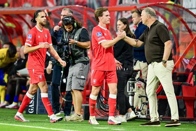 ENSCHEDE , 06Ã08-2026 , Stadium Grolsch Veste , season 2026 2027 , UEFA Europa League play-off football , match between FC Twente and FC DAC 1904 , picture shows FC Twente player Ramiz Zerrouki and FC Twente player Daan Rots out Twente - DAC 1904  x205490673x Copyright: