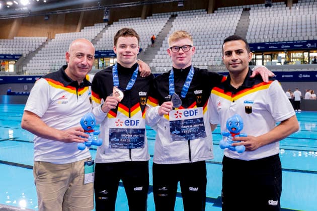 France, Paris, Centre Aquatique Olympique Metropole du Grand Paris, 06.08.2026, European Aquatics Championships Artistic Swimming, Day 7, Mens 10m Platform Final, Michail Sachiasvili, Ole Roesler, Jeden Eikermann and Kamyar Kazemi of Germany, Photo by Eibner Pressefoto Tino Henschel European Aquatics Championships Artistic Swimming, Day 7, Mens 10m Platform Final Paris *** France, Paris, Centre Aquatique Olympique Metropole du Grand Paris, August 6, 2026, European Aquatics Championships – Artistic Swimming, Day 7, Men’s 10-meter Platform Final, Michail Sachiasvili, Ole Roesler, Jeden Eikermann, and Kamyar Kazemi of Germany, Photo by Eibner Pressefoto Tino Henschel European Aquatics Championships Artistic Swimming, Day 7, Men’s 10-meter Platform Final, Paris Copyright: xEibnerxPressefotox