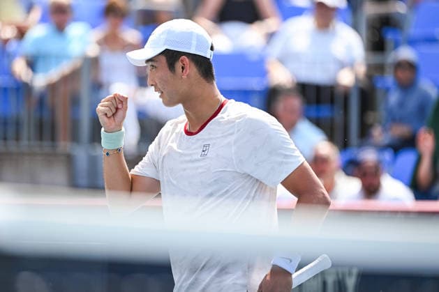 MONTREAL, QC - AUGUST 06: Juncheng Shang (CHN) reacts after winning a point during a third round match at National Bank Open on August 06, 2026 at IGA Stadium in Montreal, QC (Photo by David Kirouac Icon Sportswire) TENNIS: AUG 06 National Bank Open EDITORIAL USE ONLY Icon26080600626