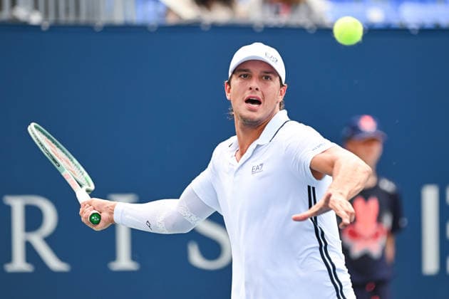 MONTREAL, QC - AUGUST 06: Luciano Darderi (ITA) returns the ball during a third round match at National Bank Open on August 06, 2026 at IGA Stadium in Montreal, QC (Photo by David Kirouac Icon Sportswire) TENNIS: AUG 06 National Bank Open EDITORIAL USE ONLY Icon26080601526