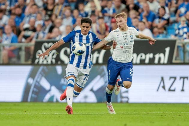 06.08.2026 POZNAN, ENEA STADION PRZY BULGARSKIEJ PILKA NOZNA (FOOTBALL), KWALIFIKACJE UEFA EUROPA LEAGUE TRZECIA RUNDA ( UEFA EUROPA LEAGUESYLWETKA THIRD QUALIFYING ROUND 1ND LEG ), SEZON 2026 2027 MECZ LECH POZNAN - KI KLAKSVIK NZ. (L) LUIS PALMA , (R) JOANNES DANIELSEN FOTO JAKUB PIASECKI CYFRASPORT NEWSPIX.PL --- newspix.pl 