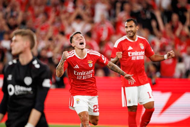 Gianluca Prestianni seen celebrating after scoring goal during UEFA Europa League qualifying game between teams of SL Benfica and Heart of Midlothian FC (Maciej Rogowski Ball Raw Images PT) Lisbon Estadio Da Luz Portugal Copyright: xMaciejxRogowskix maciejrogowski_benfica_hearts_2627-2
