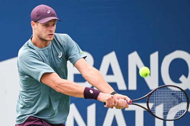 MONTREAL, QC - AUGUST 06: Yannick Hanfmann (GER) returns the ball during a third round match at National Bank Open on August 06, 2026 at IGA Stadium in Montreal, QC (Photo by David Kirouac Icon Sportswire) TENNIS: AUG 06 National Bank Open EDITORIAL USE ONLY Icon26080603026
