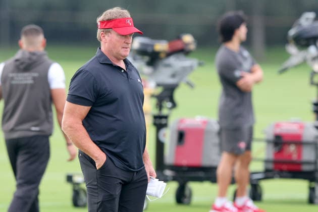 TAMPA, FL - AUGUST 06: Tampa Bay Buccaneers Former Head Coach Jon Gruden watches the action on the field during Training Camp on August 06, 2026 at the AdventHealth Training Center at One Buccaneer Place in Tampa, Florida. (Photo by Cliff Welch Icon Sportswire) NFL, American Football Herren, USA AUG 06 Tampa Bay Buccaneers Training Camp EDITORIAL USE ONLY Icon357260806047