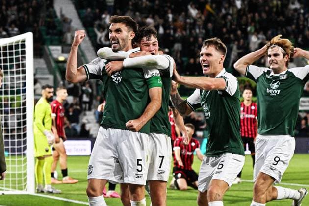 Hibernian v KF ShkÃ«ndija UEFA Europa Conference League Warren O Hora of Hibernian scores his sides second goal of the match and celebrates his goal with Owen Elding and teammates during the UEFA Europa Conference League Third Qualifying Round First Leg match at Easter Road, Edinburgh 06 08 2026 UK Newspapers OUT Copyright: xJamiexJohnstonx FIL-23733-0168
