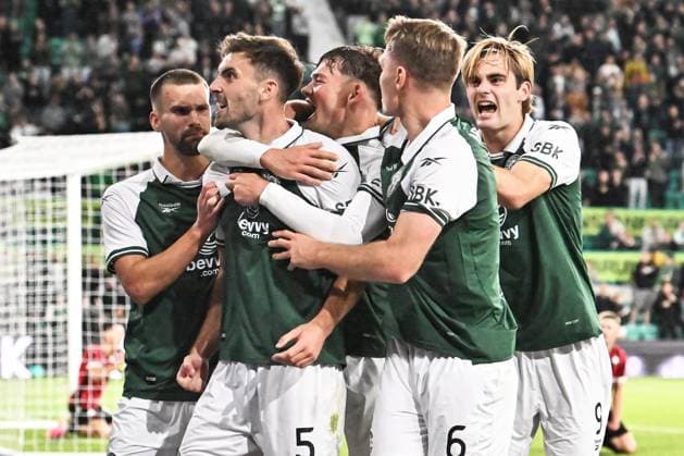 Hibernian v KF ShkÃ«ndija UEFA Europa Conference League Warren O Hora of Hibernian scores his sides second goal of the match and celebrates his goal with Owen Elding and teammates during the UEFA Europa Conference League Third Qualifying Round First Leg match at Easter Road, Edinburgh 06 08 2026 UK Newspapers OUT Copyright: xJamiexJohnstonx FIL-23733-0171