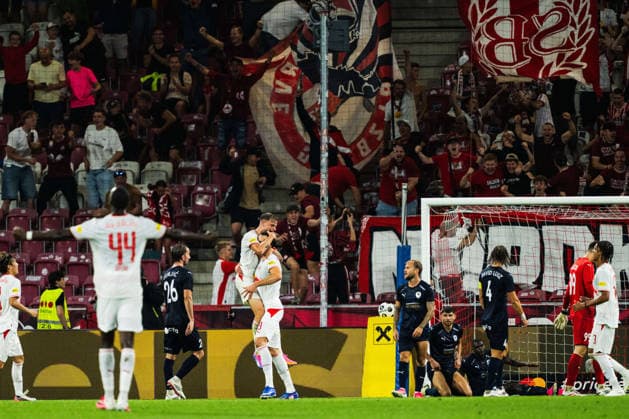 SOCCER - UEFA EL, RBS vs Pafos SALZBURG,AUSTRIA,06.AUG.26 - SOCCER - UEFA Europa League, qualification, Red Bull Salzburg vs Pafos FC. Image shows the rejoicing of Salzburg.  GEPAxpictures xJulioxArellano