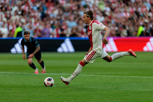 AFC Ajax v Shelbourne FC - UEFA Conference League AMSTERDAM, NETHERLANDS - AUGUST 6: Mika Godts of AFC Ajax during the UEFA Conference League match between AFC Ajax and Shelbourne FC at Johan Cruijff Arena on August 6, 2026 in Amsterdam, Netherlands. Amsterdam Johan Cruijff Arena Netherlands Content not available for redistribution in The Netherlands directly or indirectly through any third parties. Copyright: xMarcelxvanxPlateringenx