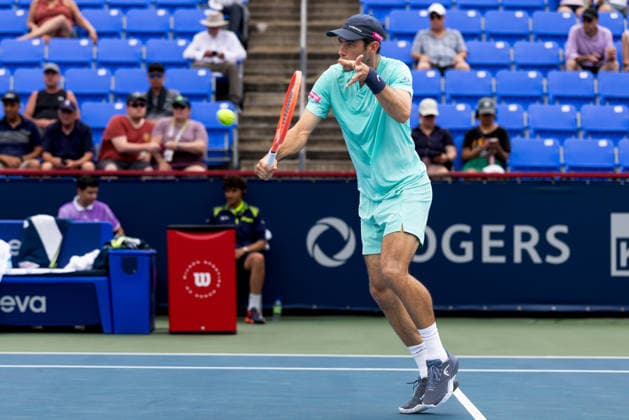 August 6, 2026, Montreal, Quebec, Canada: NUNO BORGES from Portugal backhand in match against Yannick Hanfmann from Germany in third round at Canadian Open at IGA stadium in Montreal, Quebec, Canada on 2026-08-06 TENNIS: Canadian Open Montreal 2026  - ZUMAl189 20260806_zsp_l189_047 Copyright: xYannickxLegarex
