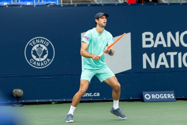 August 6, 2026, Montreal, Quebec, Canada: NUNO BORGES from Portugal waiting service in match against Yannick Hanfmann from Germany in third round at Canadian Open at IGA stadium in Montreal, Quebec, Canada on 2026-08-06 Montreal Canada - ZUMAl189 20260806_zsp_l189_063 Copyright: xYannickxLegarex