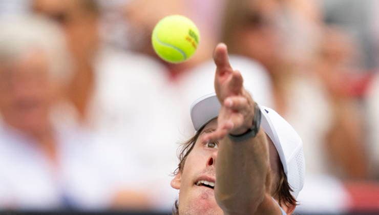 August 6, 2026, Montreal, Pq, Canada: Alex De Minaur of Australia serves to Cameron Norrie of Great Britain during third round tennis action at the National Bank Open in Montreal on Thursday, Aug. 6, 2026. Canada News - August 6, 2026  - ZUMAc35_ 20260806_zaf_c35_051 Copyright: xChristinnexMuschix