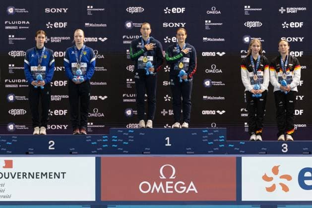 Men 10m platform diving final European Aquatics Championships - Saint-Denis Silver medallists Ukraine s diver Diana Karnafel and Ukraine s diver Kseniia Bochek, gold medallists Italy s diver Elisa Pizzini and Italy s diver Chiara Pellacani and bronze medallists Germany s diver Jette Muller and Germany s diver Lena Corona Hentschel celebrate on the podium after the women s 3m springboard syncro diving final event during the LEN European Aquatics Championships, at the Olympic Aquatics Centre in Saint-Denis, northeastern suburbs of Paris on August 6, 2026. Photo by Raphael Lafargue ABACAPRESS.COM Saint-Denis France  Copyright: xLafarguexRaphael ABACAx