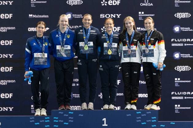 Men 10m platform diving final European Aquatics Championships - Saint-Denis Silver medallists Ukraine s diver Diana Karnafel and Ukraine s diver Kseniia Bochek, gold medallists Italy s diver Elisa Pizzini and Italy s diver Chiara Pellacani and bronze medallists Germany s diver Jette Muller and Germany s diver Lena Corona Hentschel celebrate on the podium after the women s 3m springboard syncro diving final event during the LEN European Aquatics Championships, at the Olympic Aquatics Centre in Saint-Denis, northeastern suburbs of Paris on August 6, 2026. Photo by Raphael Lafargue ABACAPRESS.COM Saint-Denis France  Copyright: xLafarguexRaphael ABACAx